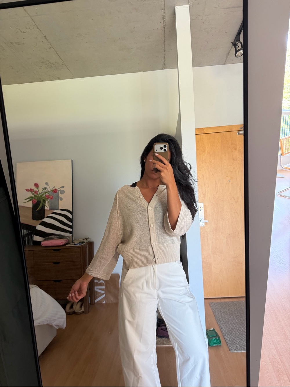 Zara Cream-Beige Button Front Cardigan with White Wide-Leg Pants